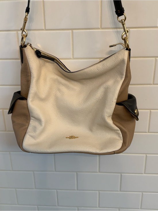 Coach Handbags - Coach Two-Tone Pebbled Leather Shoulder Bag in Cream, Tan & Black